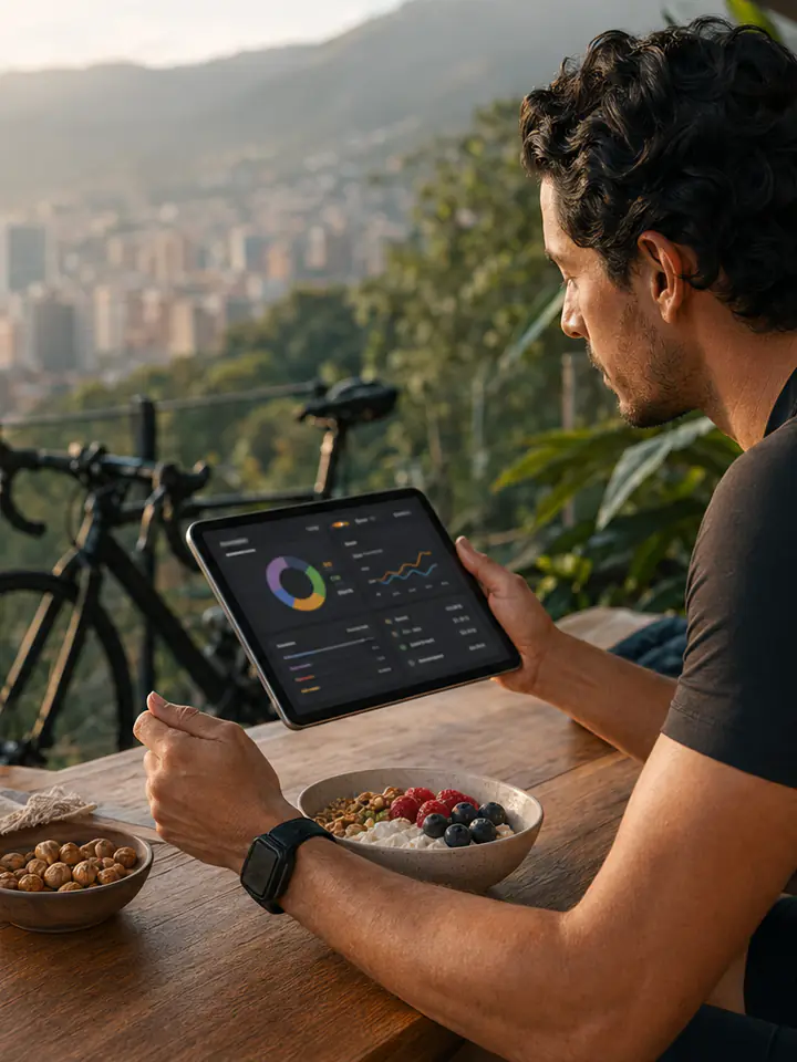 Ciclista revisando un plan AUREO con desayuno y wearable