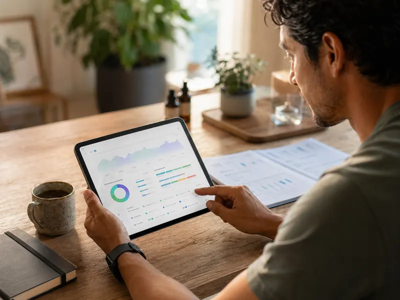 Persona revisando métricas de salud funcional en una tablet