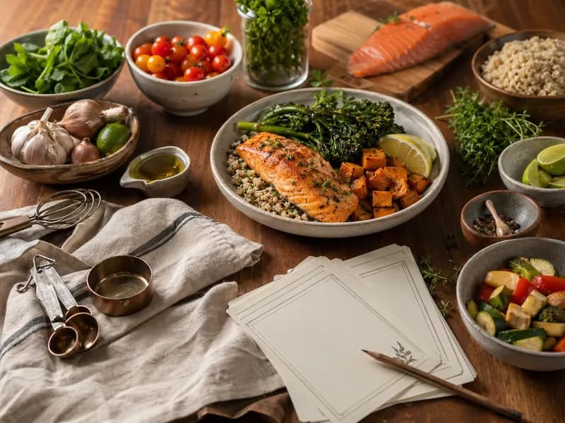 Mesa con recetas, alimentos reales y métricas nutricionales