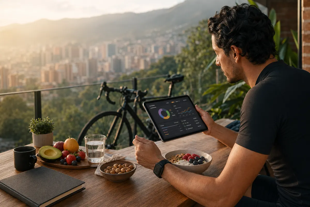Ciclista revisando su plan AUREO con desayuno y wearable